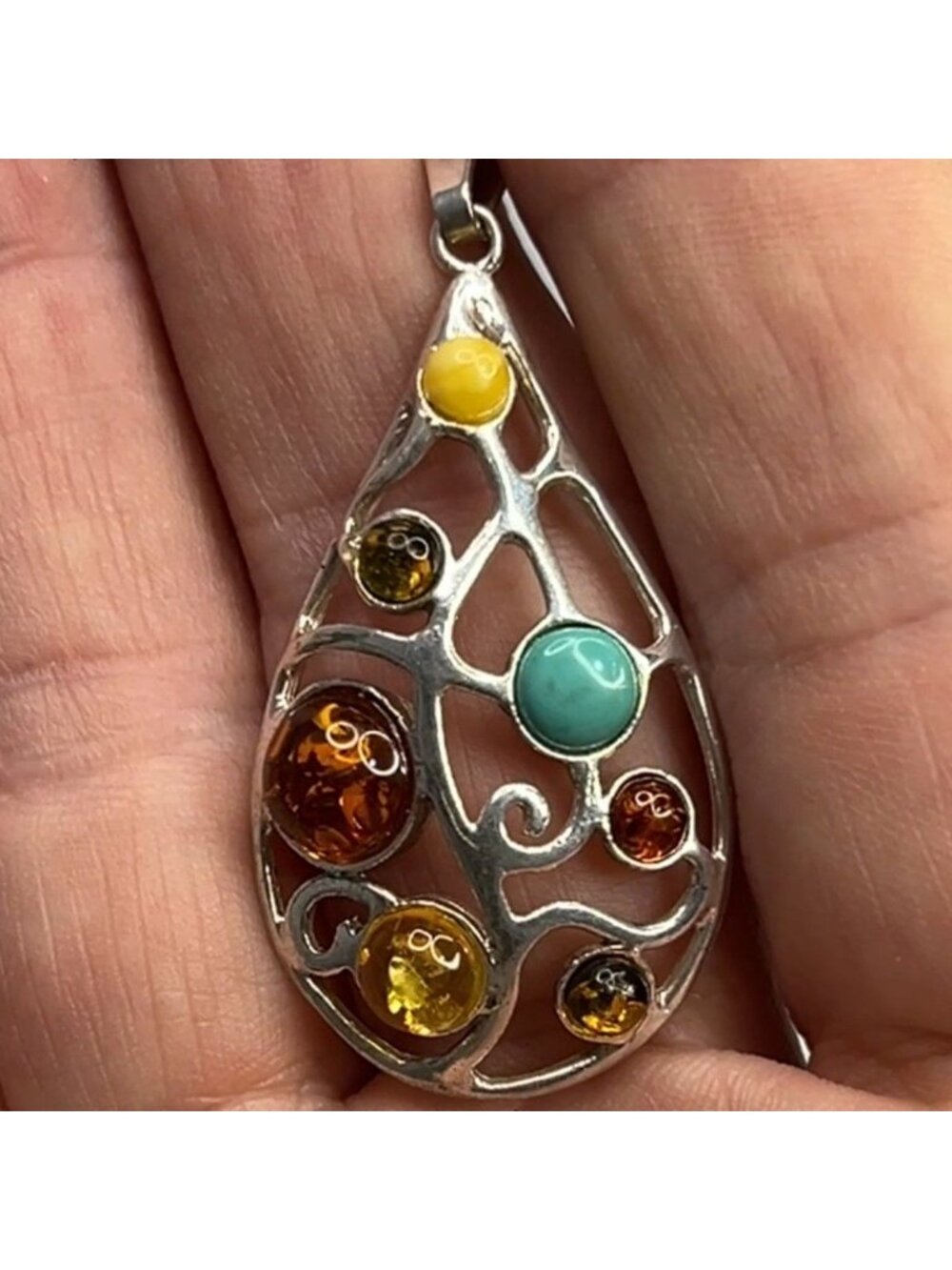 Teardrop Sterling Silver Pendant W/ Multi-Color Amber Stones & Turquoise Accent - Picture 8 of 12